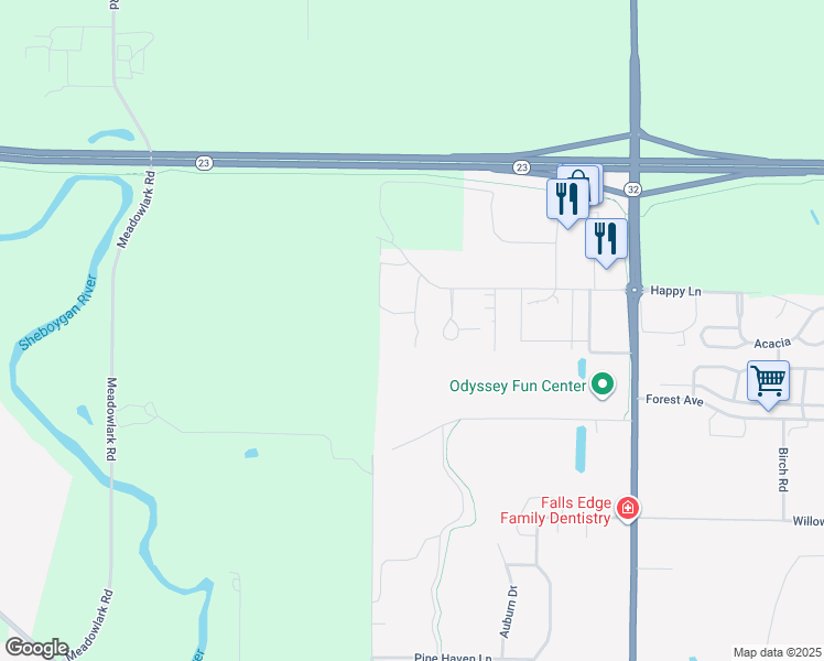 map of restaurants, bars, coffee shops, grocery stores, and more near 1002 Happy Lane in Sheboygan Falls
