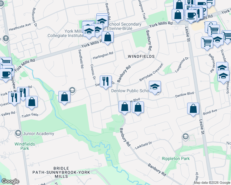 map of restaurants, bars, coffee shops, grocery stores, and more near 160 Banbury Road in Toronto
