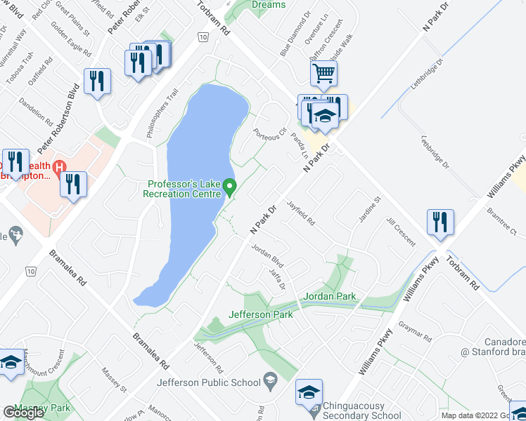 map of restaurants, bars, coffee shops, grocery stores, and more near 30 Provincial Place in Brampton