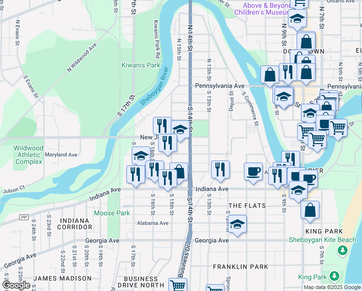 map of restaurants, bars, coffee shops, grocery stores, and more near 1412 Maryland Avenue in Sheboygan