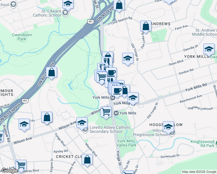 map of restaurants, bars, coffee shops, grocery stores, and more near 4141 Yonge Street in Toronto