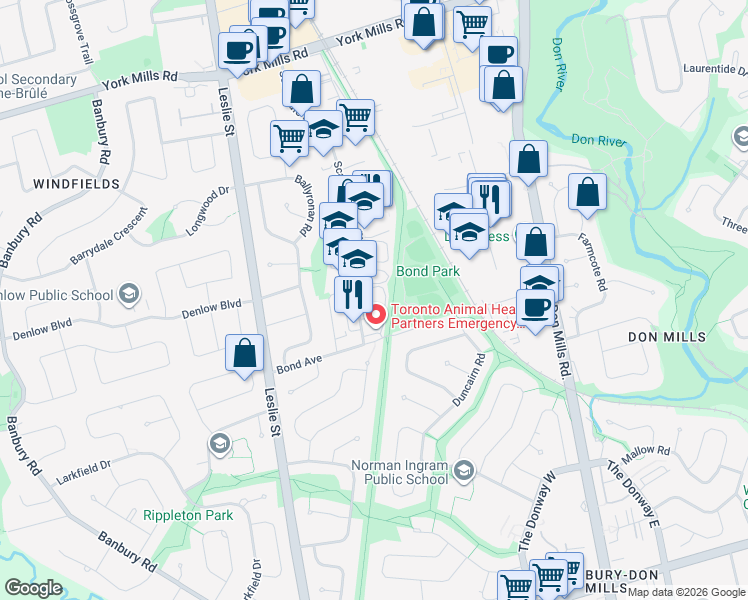 map of restaurants, bars, coffee shops, grocery stores, and more near 1 Scarsdale Road in Toronto