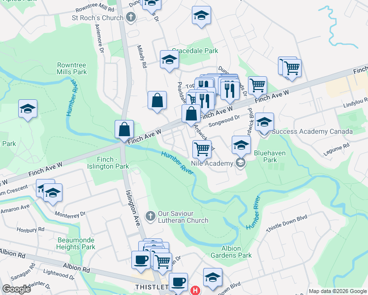map of restaurants, bars, coffee shops, grocery stores, and more near 3043 Finch Avenue West in Toronto