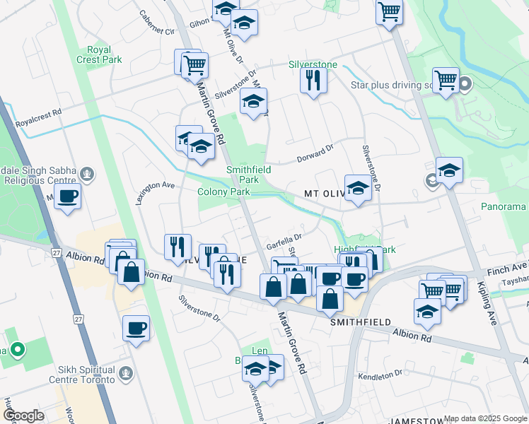 map of restaurants, bars, coffee shops, grocery stores, and more near 1915 Martin Grove Road in Toronto