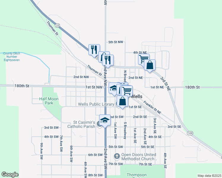 map of restaurants, bars, coffee shops, grocery stores, and more near 110 1st Avenue Northwest in Wells