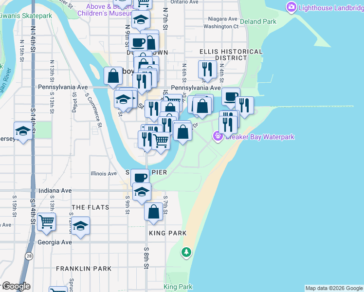 map of restaurants, bars, coffee shops, grocery stores, and more near 650 South Pier Drive in Sheboygan