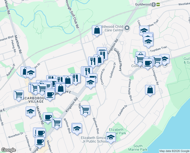 map of restaurants, bars, coffee shops, grocery stores, and more near 3741 Kingston Road in Toronto