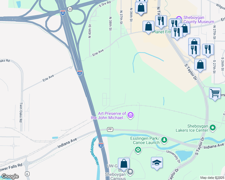 map of restaurants, bars, coffee shops, grocery stores, and more near 919 Greendale Road in Sheboygan
