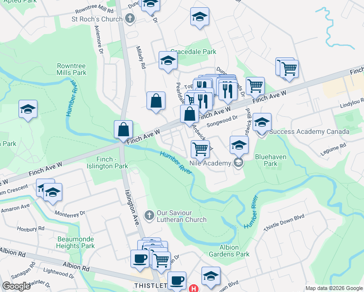 map of restaurants, bars, coffee shops, grocery stores, and more near 3043 Finch Avenue West in Toronto