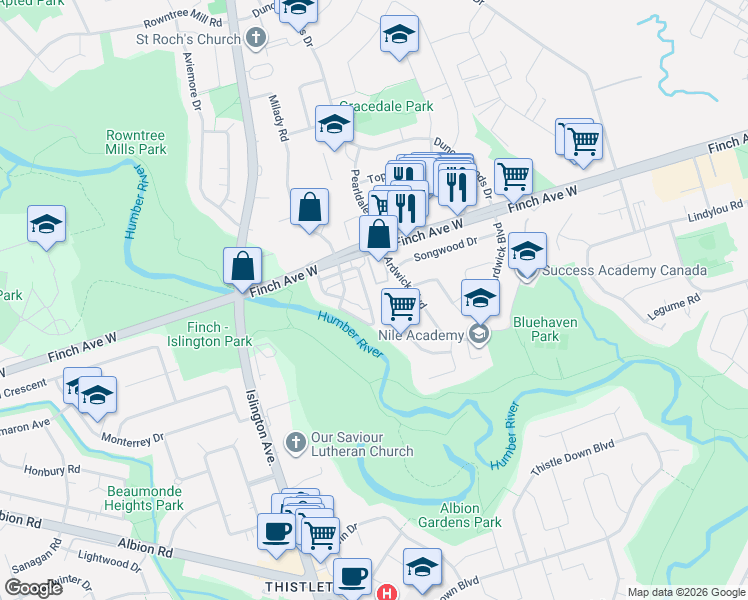 map of restaurants, bars, coffee shops, grocery stores, and more near 3041 Finch Avenue West in Toronto