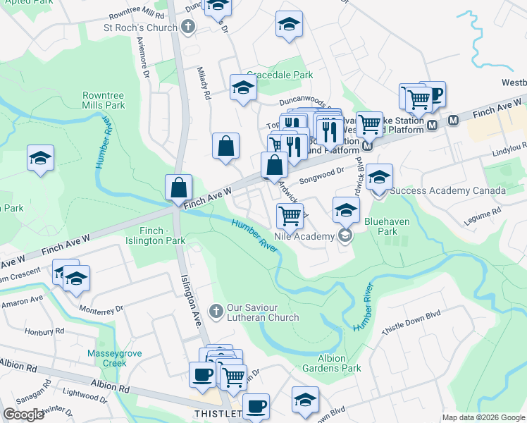 map of restaurants, bars, coffee shops, grocery stores, and more near in Toronto