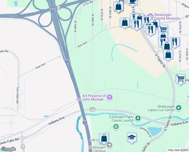 map of restaurants, bars, coffee shops, grocery stores, and more near 919 Greendale Road in Sheboygan