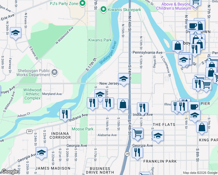 map of restaurants, bars, coffee shops, grocery stores, and more near 813 South 16th Street in Sheboygan