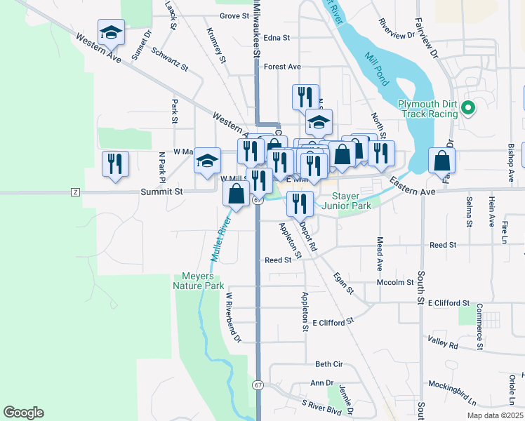 map of restaurants, bars, coffee shops, grocery stores, and more near 33 South Milwaukee Street in Plymouth