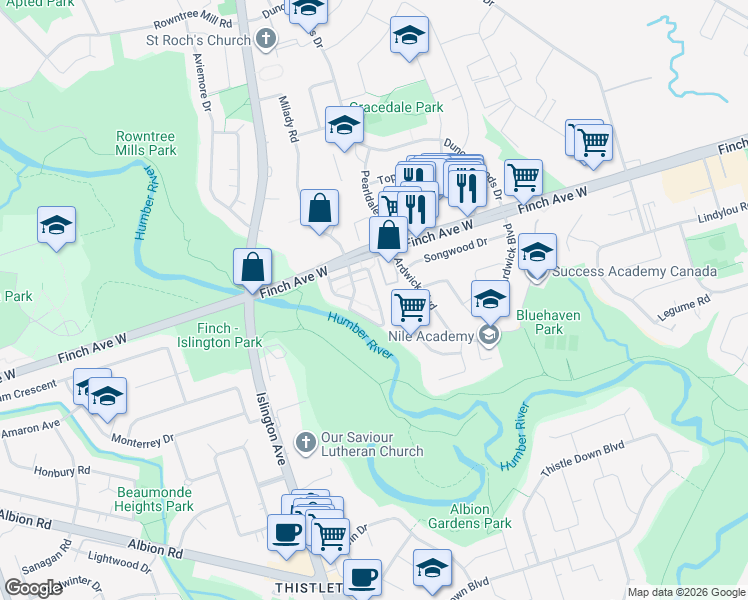 map of restaurants, bars, coffee shops, grocery stores, and more near in Toronto