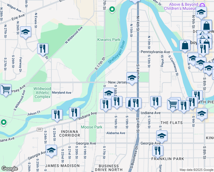 map of restaurants, bars, coffee shops, grocery stores, and more near 817 South 17th Street in Sheboygan