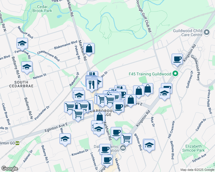 map of restaurants, bars, coffee shops, grocery stores, and more near 25 Cougar Court in Toronto