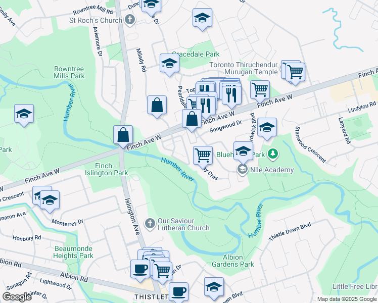 map of restaurants, bars, coffee shops, grocery stores, and more near 3041 Finch Avenue West in Toronto
