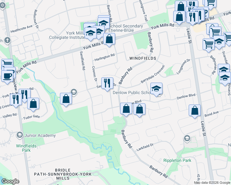 map of restaurants, bars, coffee shops, grocery stores, and more near 164 Banbury Road in Toronto