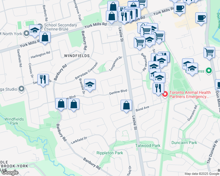 map of restaurants, bars, coffee shops, grocery stores, and more near 15 Tofino Crescent in Toronto