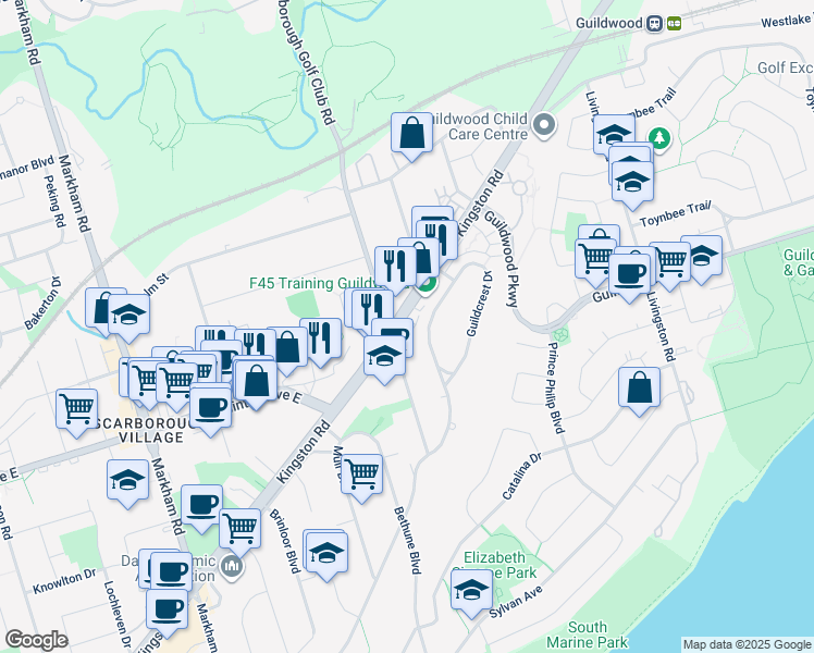 map of restaurants, bars, coffee shops, grocery stores, and more near 3745 Kingston Road in Toronto