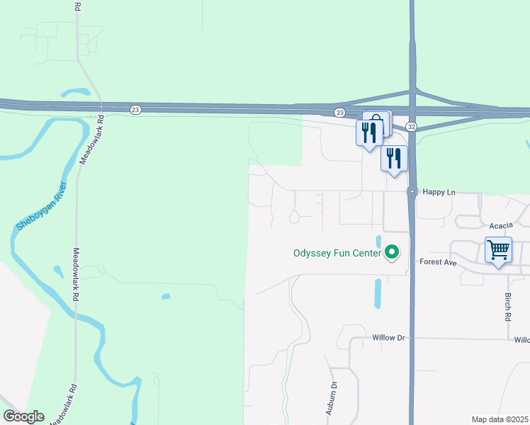 map of restaurants, bars, coffee shops, grocery stores, and more near 1008 Happy Lane in Sheboygan Falls