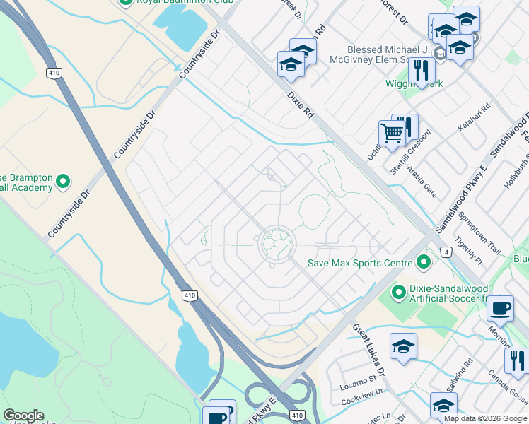 map of restaurants, bars, coffee shops, grocery stores, and more near 9 Calliandra Trail in Brampton