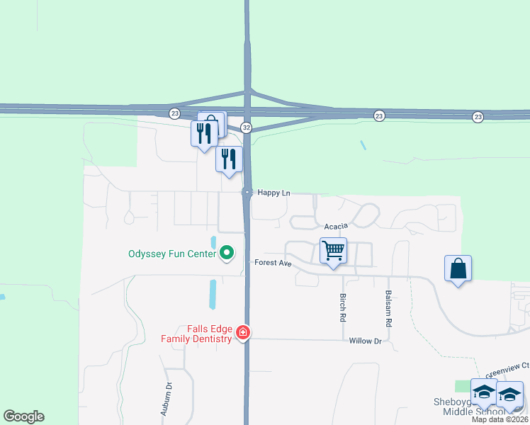 map of restaurants, bars, coffee shops, grocery stores, and more near 1002 Green Acres Drive in Sheboygan Falls