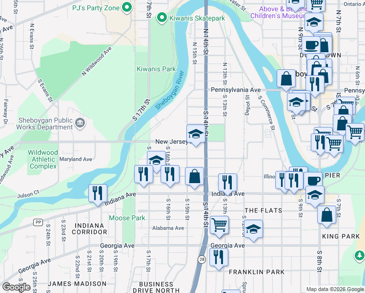 map of restaurants, bars, coffee shops, grocery stores, and more near 818 South 15th Street in Sheboygan
