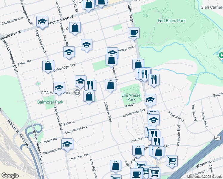 map of restaurants, bars, coffee shops, grocery stores, and more near 4 Yeomans Road in Toronto