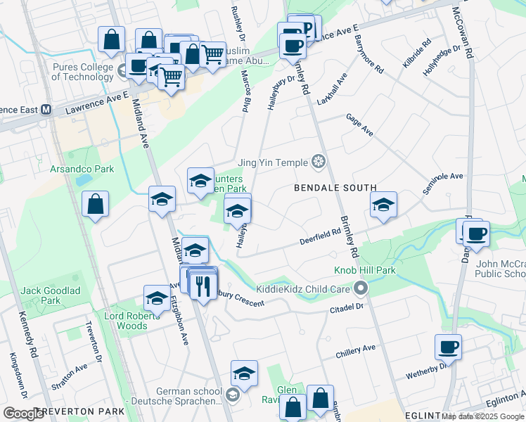 map of restaurants, bars, coffee shops, grocery stores, and more near 7 Bonnechere Crescent in Toronto