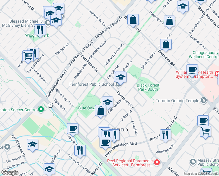 map of restaurants, bars, coffee shops, grocery stores, and more near 286 Fernforest Drive in Brampton