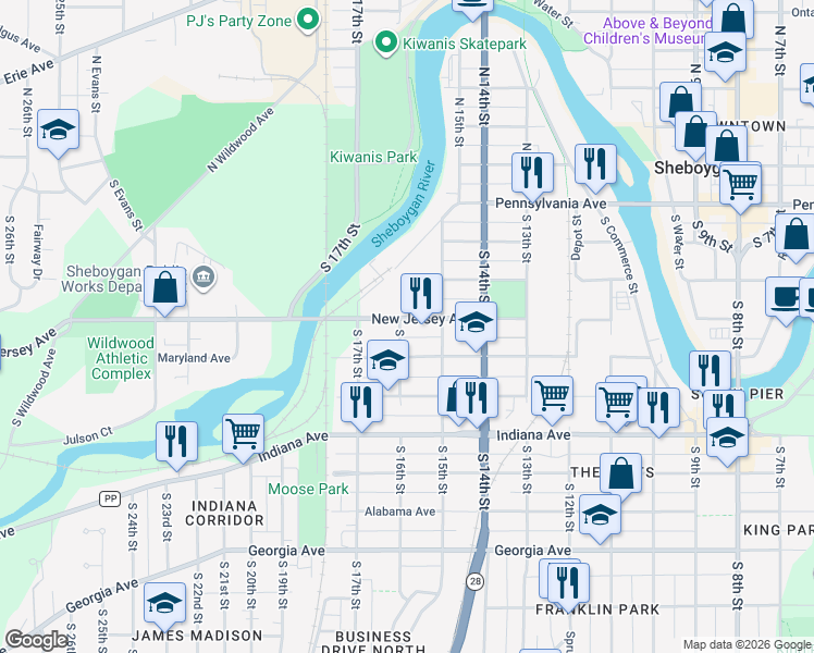 map of restaurants, bars, coffee shops, grocery stores, and more near 813 South 16th Street in Sheboygan