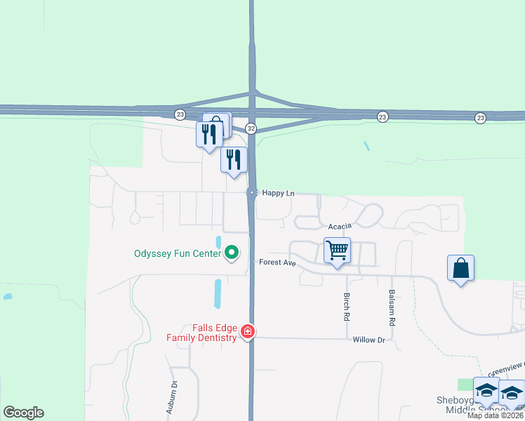 map of restaurants, bars, coffee shops, grocery stores, and more near 1002 Green Acres Drive in Sheboygan Falls