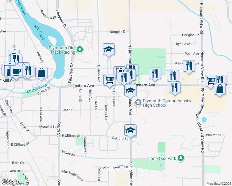 map of restaurants, bars, coffee shops, grocery stores, and more near 21 South Bruns Avenue in Plymouth
