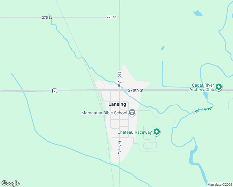 map of restaurants, bars, coffee shops, grocery stores, and more near 53938 269th Street in Lansing