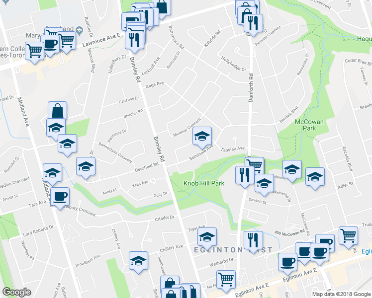 map of restaurants, bars, coffee shops, grocery stores, and more near 27 Tansley Avenue in Toronto