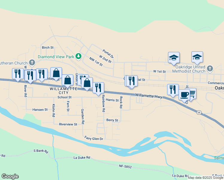 map of restaurants, bars, coffee shops, grocery stores, and more near 47772 Oregon 58 in Oakridge