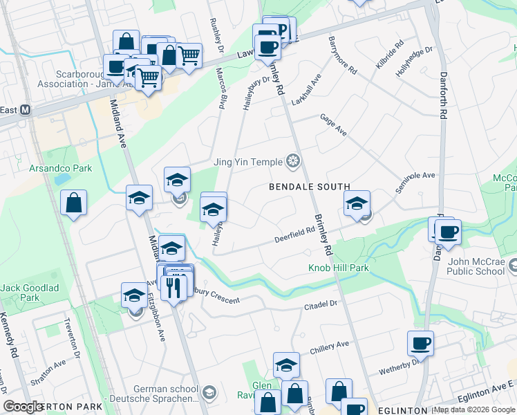map of restaurants, bars, coffee shops, grocery stores, and more near 63 Panmure Crescent in Toronto