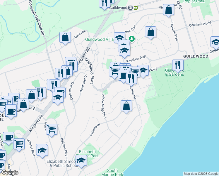 map of restaurants, bars, coffee shops, grocery stores, and more near 71 Guildwood Parkway in Toronto