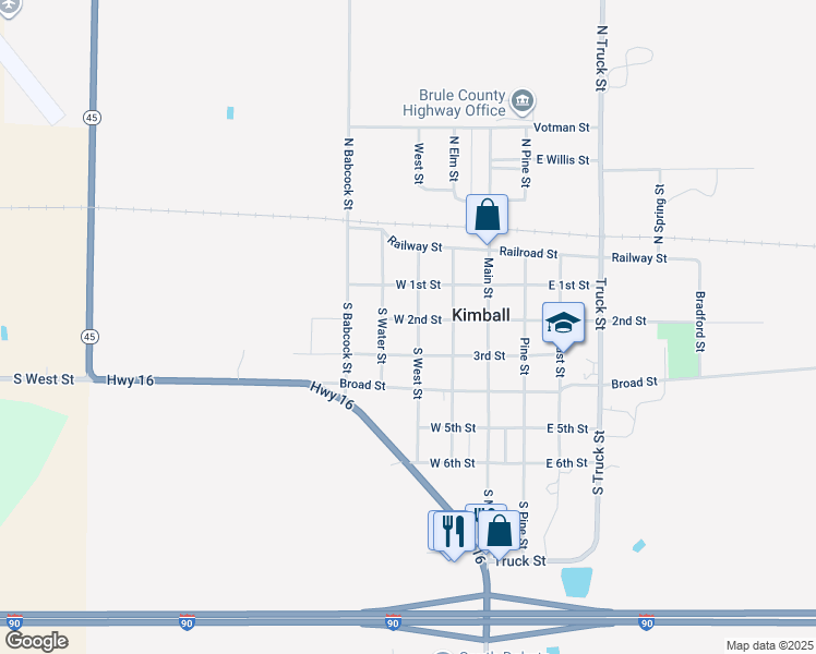 map of restaurants, bars, coffee shops, grocery stores, and more near 201 South West Street in Kimball