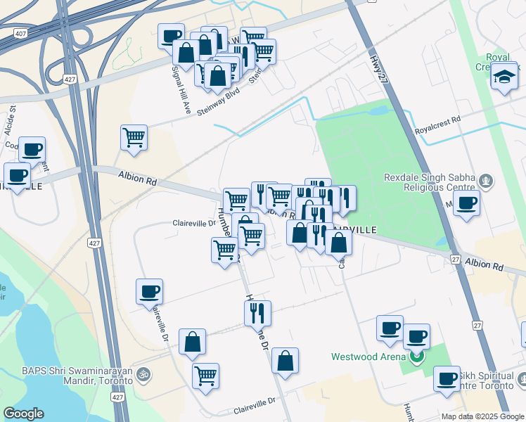 map of restaurants, bars, coffee shops, grocery stores, and more near 1917 Albion Road in Toronto