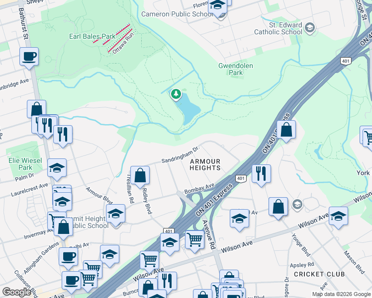 map of restaurants, bars, coffee shops, grocery stores, and more near in Toronto