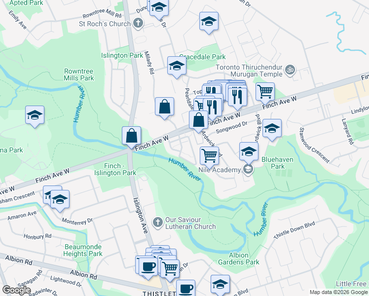 map of restaurants, bars, coffee shops, grocery stores, and more near 3031 Finch Avenue West in Toronto