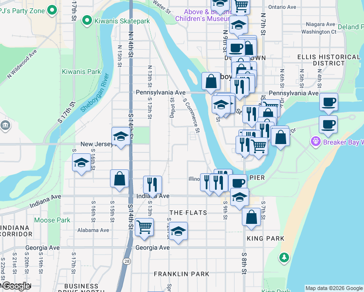 map of restaurants, bars, coffee shops, grocery stores, and more near 17 New Jersey Avenue in Sheboygan