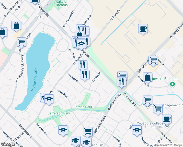 map of restaurants, bars, coffee shops, grocery stores, and more near 12 Jardine Street in Brampton