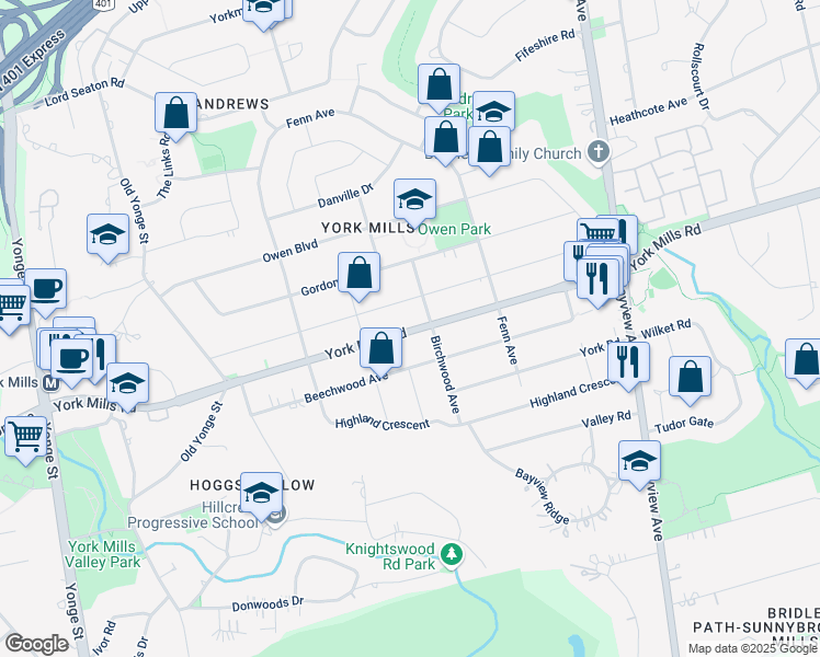 map of restaurants, bars, coffee shops, grocery stores, and more near 172 York Mills Road in Toronto