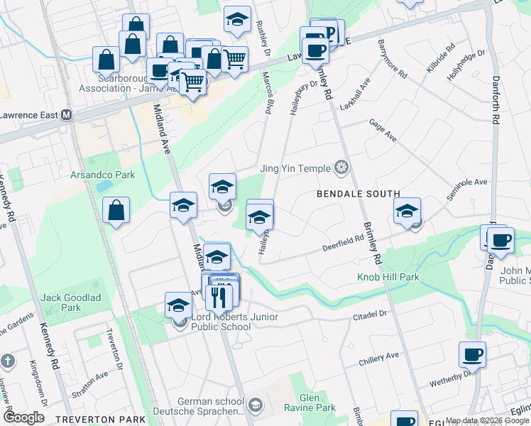map of restaurants, bars, coffee shops, grocery stores, and more near 44 Haileybury Drive in Toronto