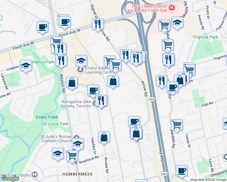 map of restaurants, bars, coffee shops, grocery stores, and more near 161 Deerhide Crescent in Toronto