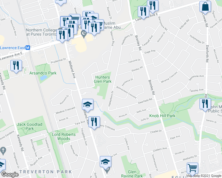 map of restaurants, bars, coffee shops, grocery stores, and more near 44 Haileybury Drive in Toronto